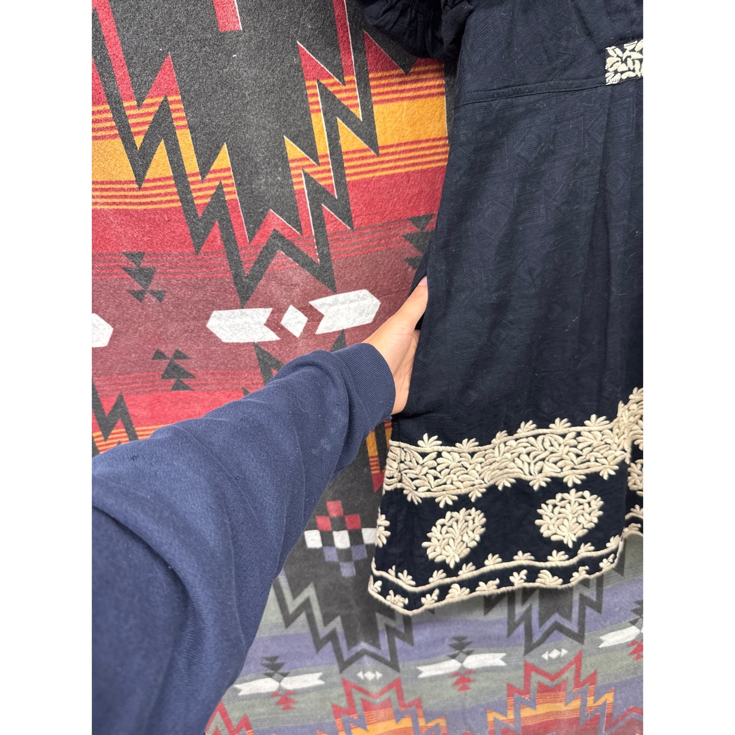 Anthropologie Navy Linen Cap Sleeve Dress 10 Embroidered Pleated Boho Wedding