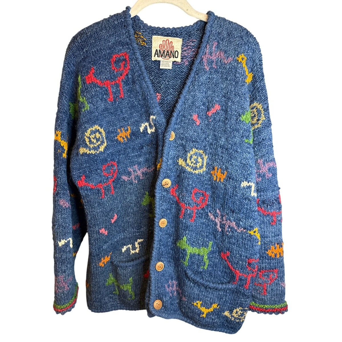 Amano Blue Wool Sweater XL Art to Wear Animals Quirky Grandma Playful Novelty