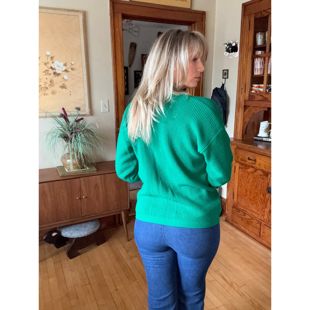 Vintage Unisex SteppingStones Knit Sweater XL 70s Wool Kelly Green Academia