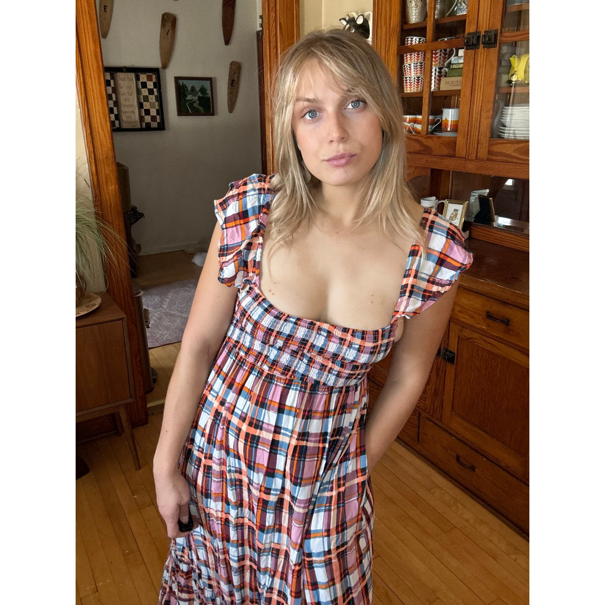 Anthropologie Plaid Smocked Dress Medium Pleated Gingham Ruffle Prairie Western