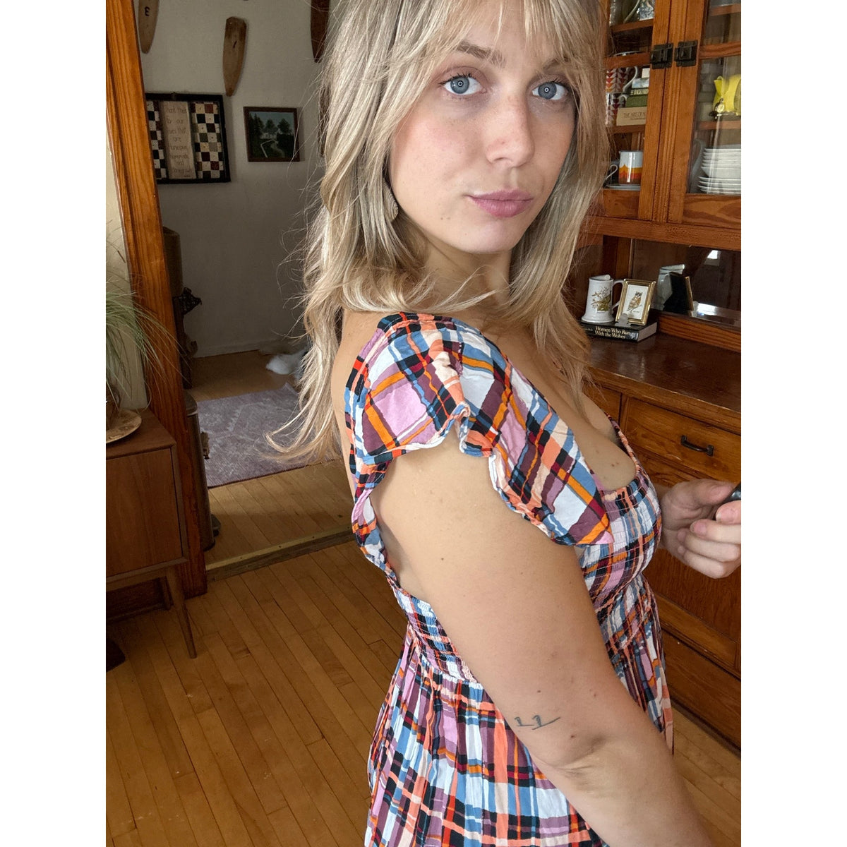 Anthropologie Plaid Smocked Dress Medium Pleated Gingham Ruffle Prairie Western