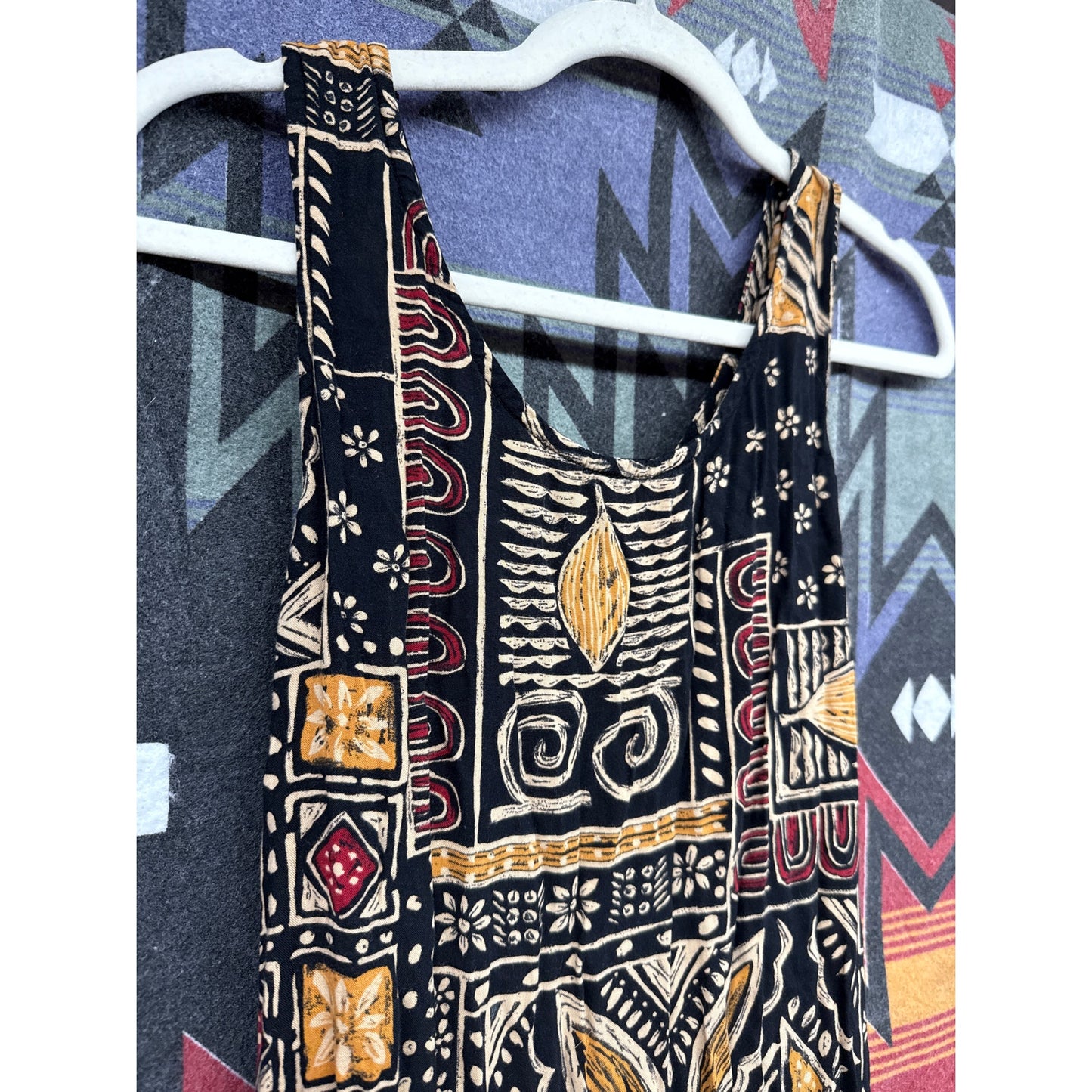 Vintage 90s Studio Style Midi Black Dress Large Tribal Nature Crunchy Leaf