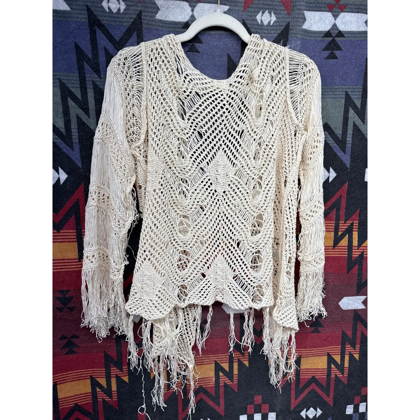 Boho Cream Fringe Distressed Sheer Cardigan Small