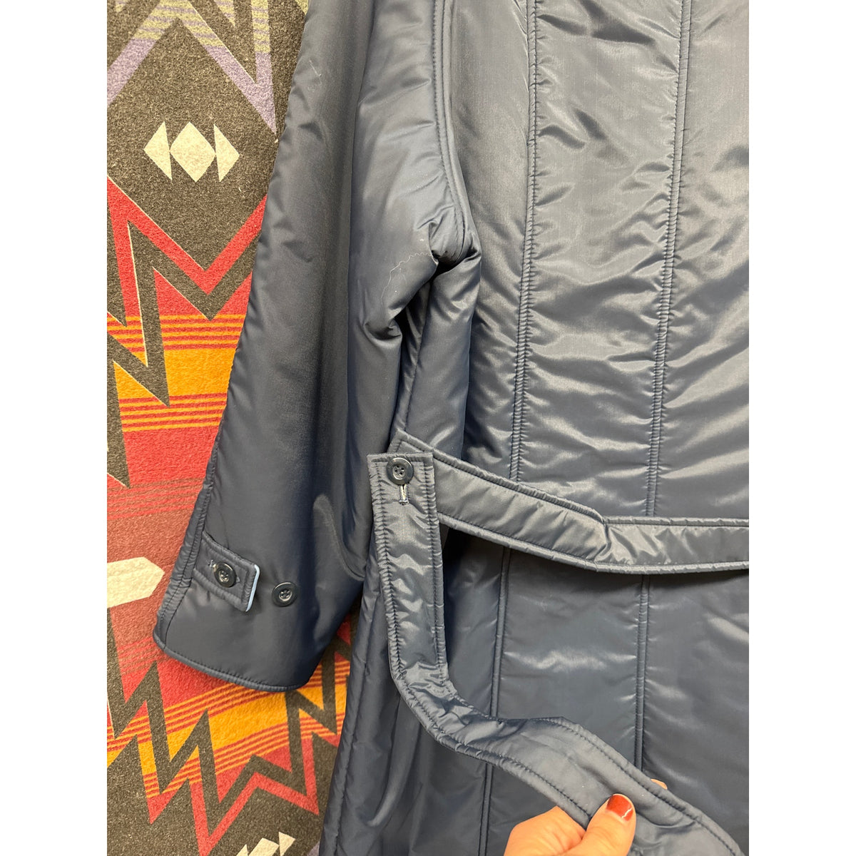 70s Vintage Aurora International Navy Quilted Large Coat Cottage England Belted