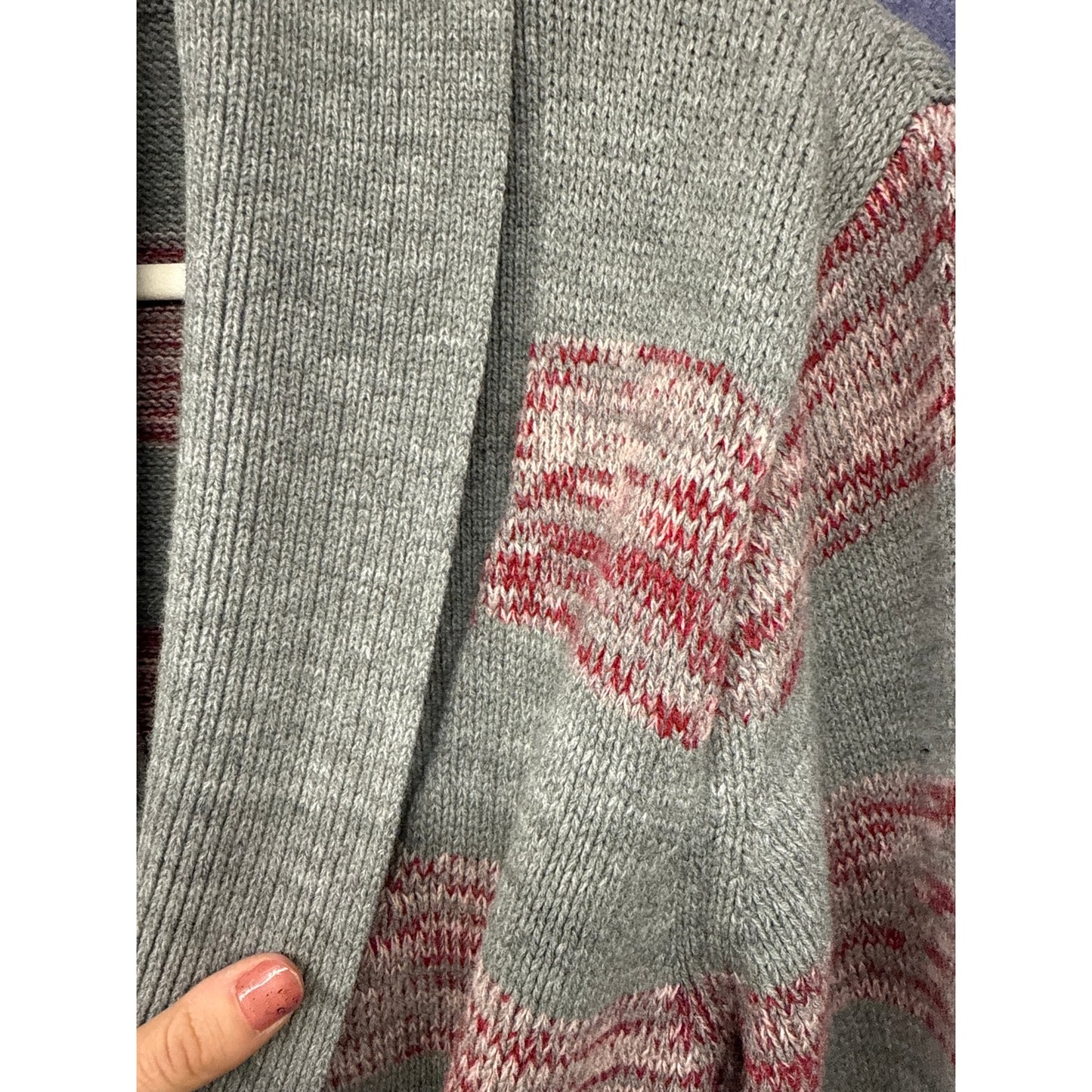 70s Women's Striped Cardigan Sweater Medium Space Dye Red Gray Belted Bel Sleeve