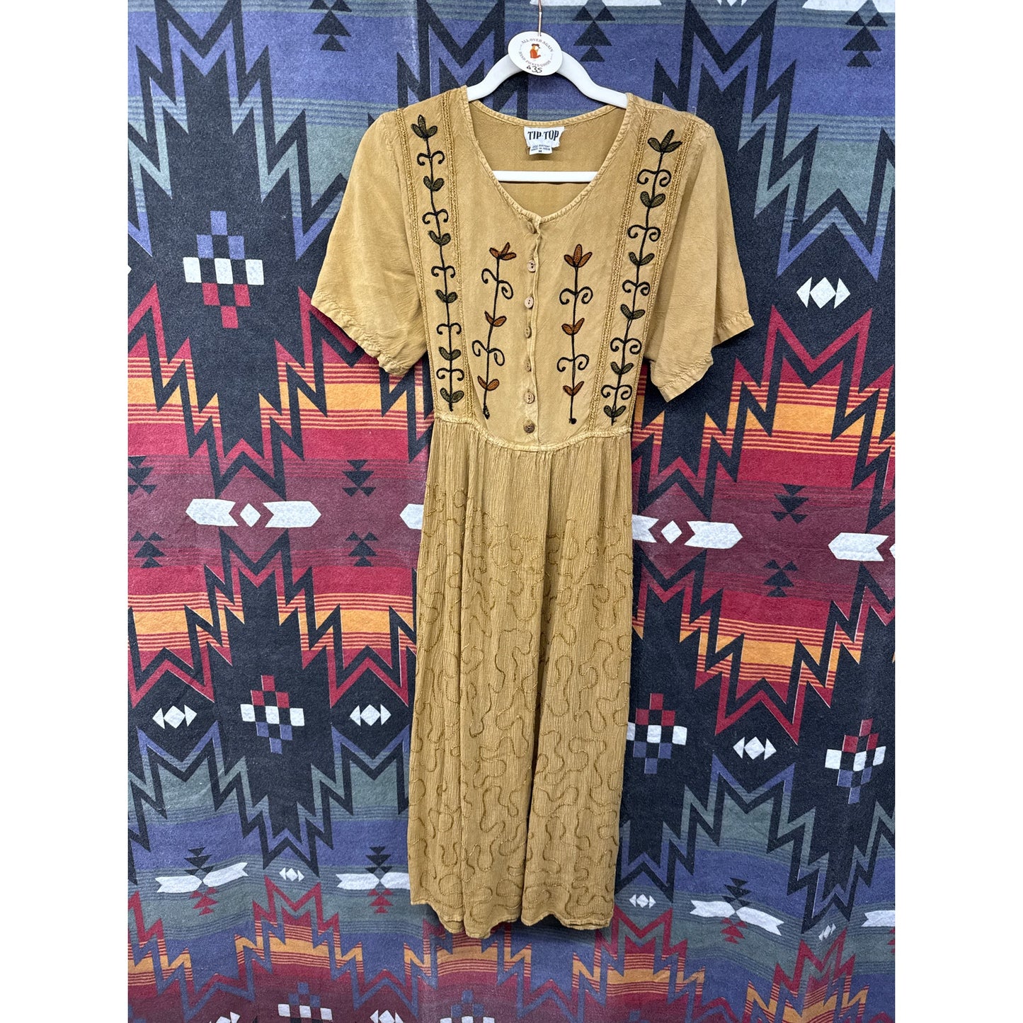 Vintage 90s Tip Top Women Medium Dress Mustard Yellow Floral Embroidered Cottage