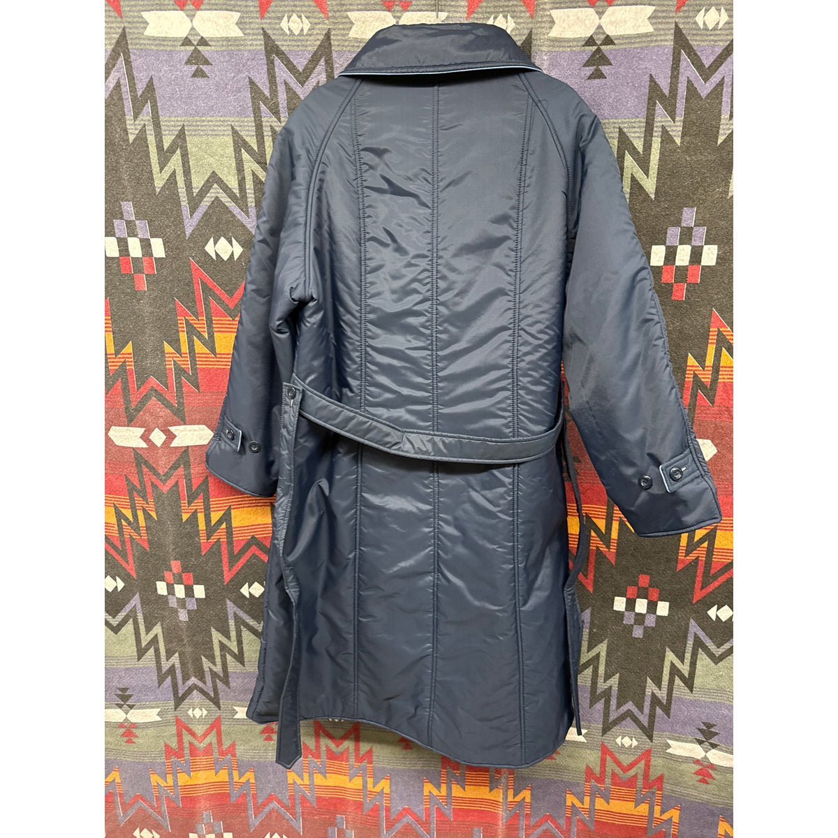 70s Vintage Aurora International Navy Quilted Large Coat Cottage England Belted