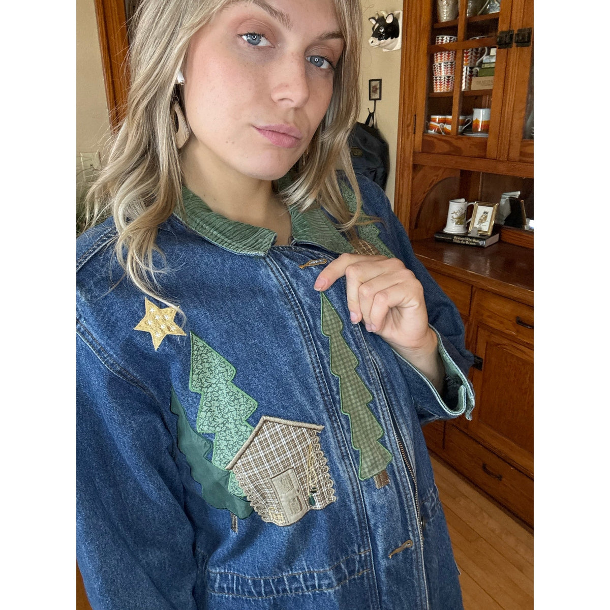 Christopher & Banks XL Log Cabin Denim Jacket Bear Northwoods Western Corduroy