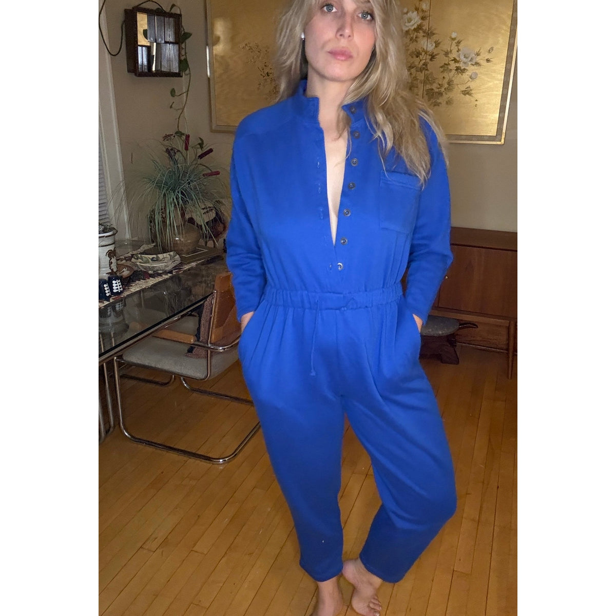 80s Vintage Elle Macpherson Blue Jumpsuit Medium Cozy Winter Pajamas Layer