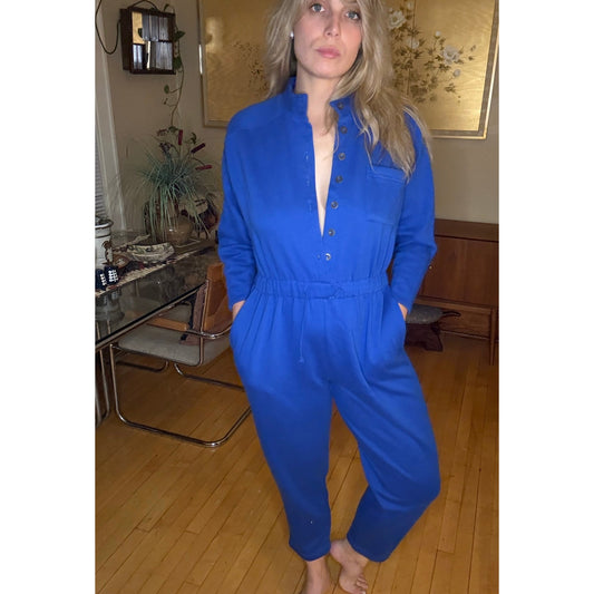 80s Vintage Elle Macpherson Blue Jumpsuit Medium Cozy Winter Pajamas Layer
