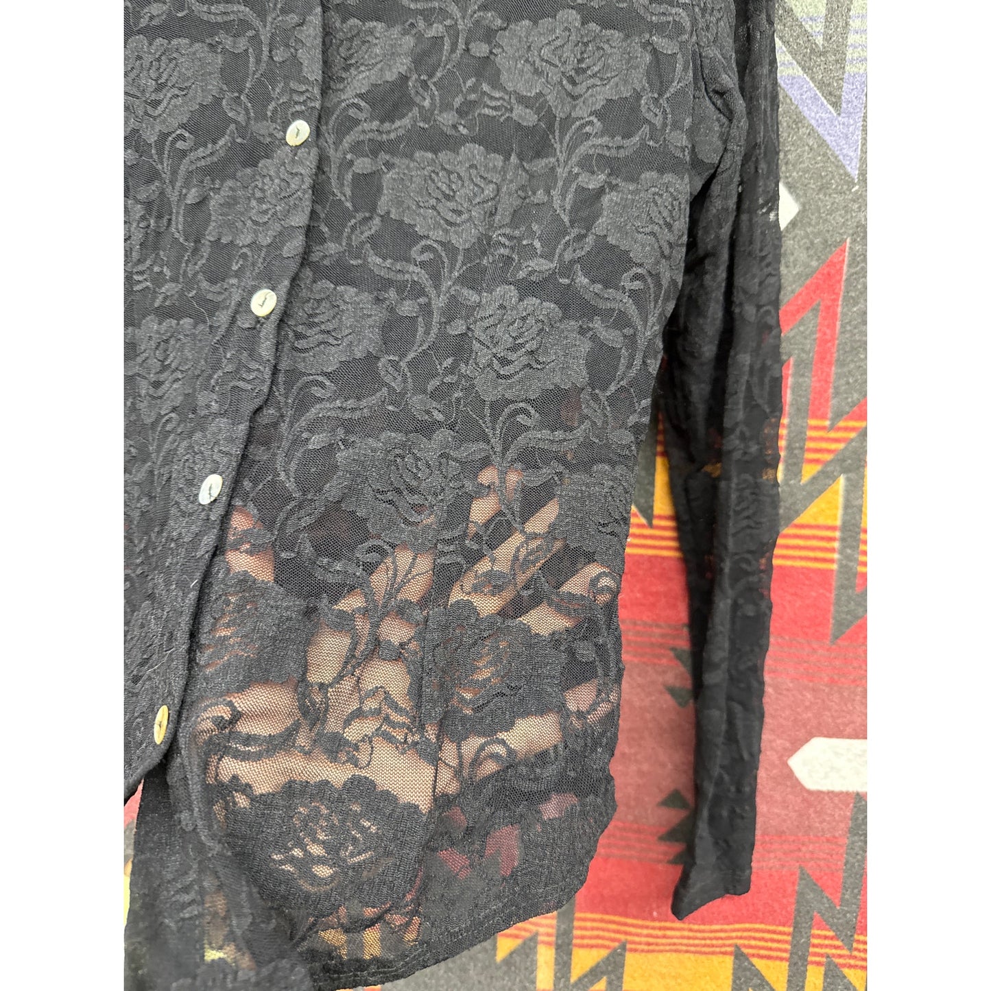 Jessica Max USA Black Medium Sheer Button Up Vintage Sexy Y2K Rave Whimsygoth