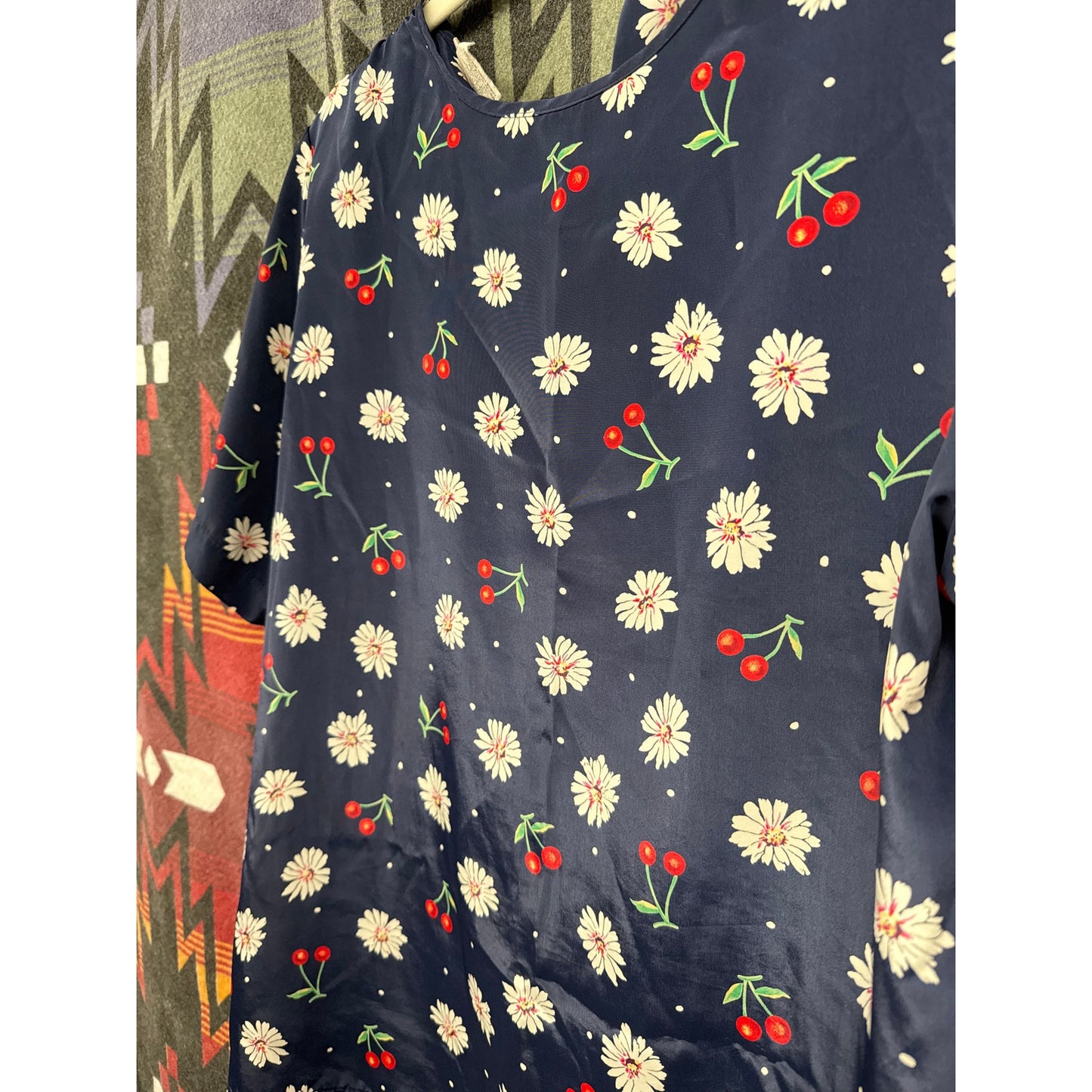 Vintage 90s Kathie Lee Women Cherry Daisy Floral Blouse 10 Novelty Print Prairie