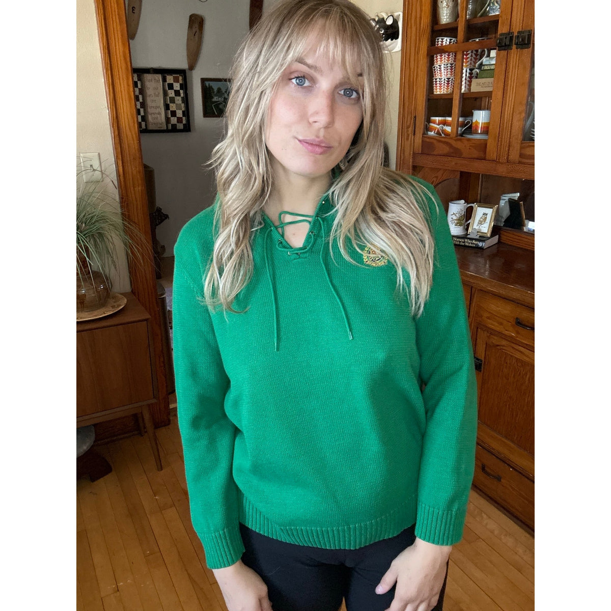 Vtg Lauren Ralph Lauren Sweater Large Kelly Green Monogram Academic Golf Preppy