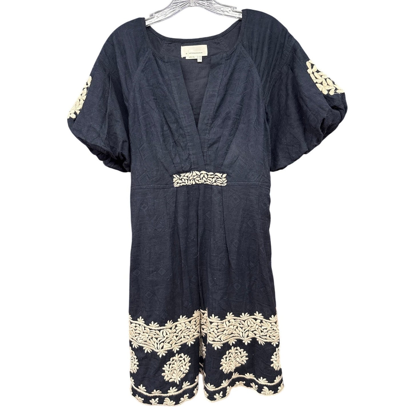 Anthropologie Navy Linen Cap Sleeve Dress 10 Embroidered Pleated Boho Wedding