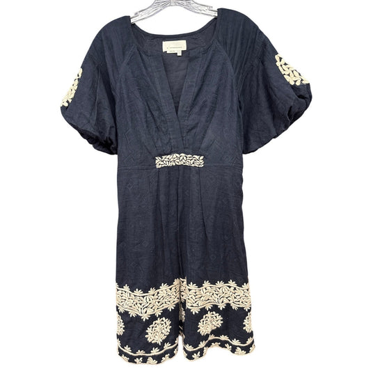 Anthropologie Navy Linen Cap Sleeve Dress 10 Embroidered Pleated Boho Wedding