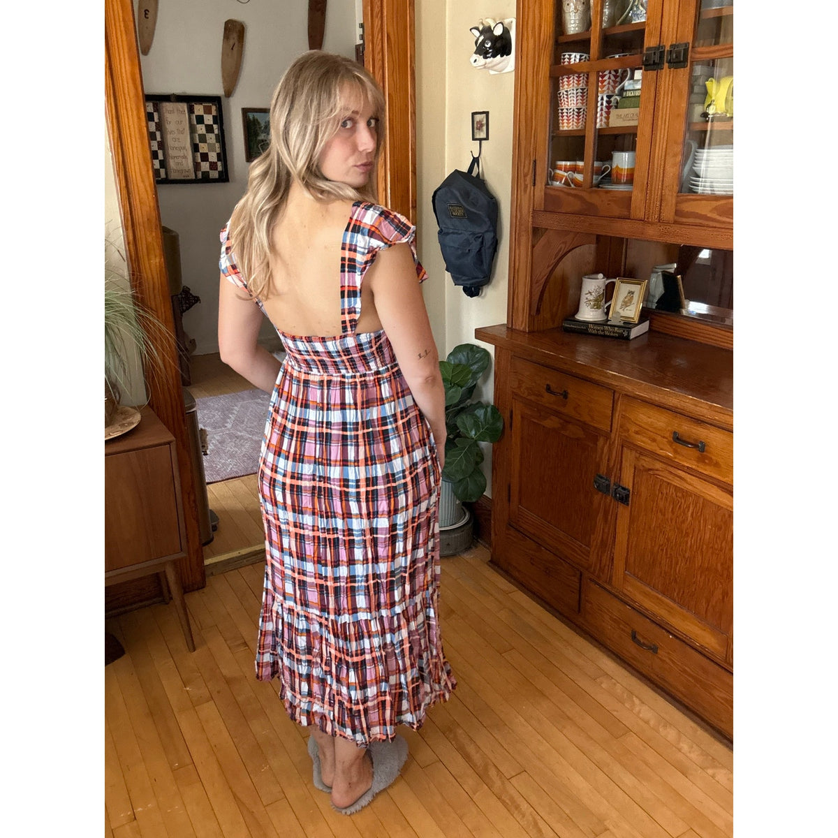 Anthropologie Plaid Smocked Dress Medium Pleated Gingham Ruffle Prairie Western