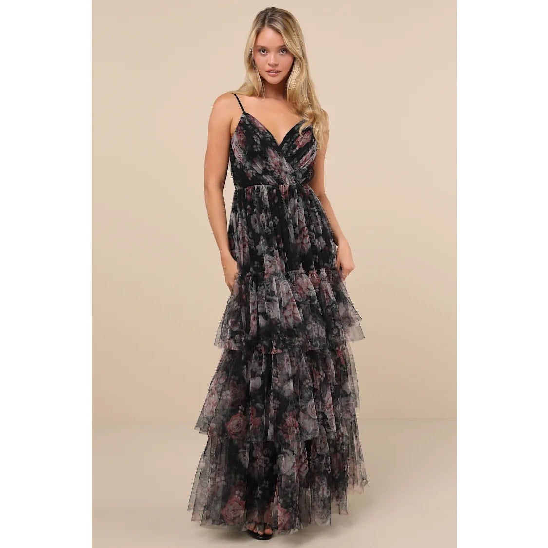 Lulus Wonderfully Perfect Black Floral Mesh Tiered Maxi Dress, Adjustable Straps, Goth, Whimsy