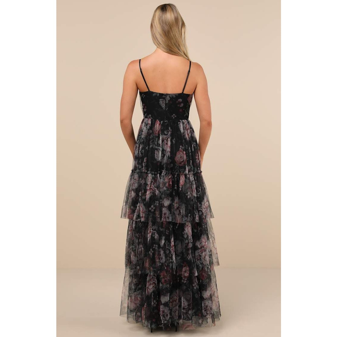 Lulus Wonderfully Perfect Black Floral Mesh Tiered Maxi Dress, Adjustable Straps, Goth, Whimsy