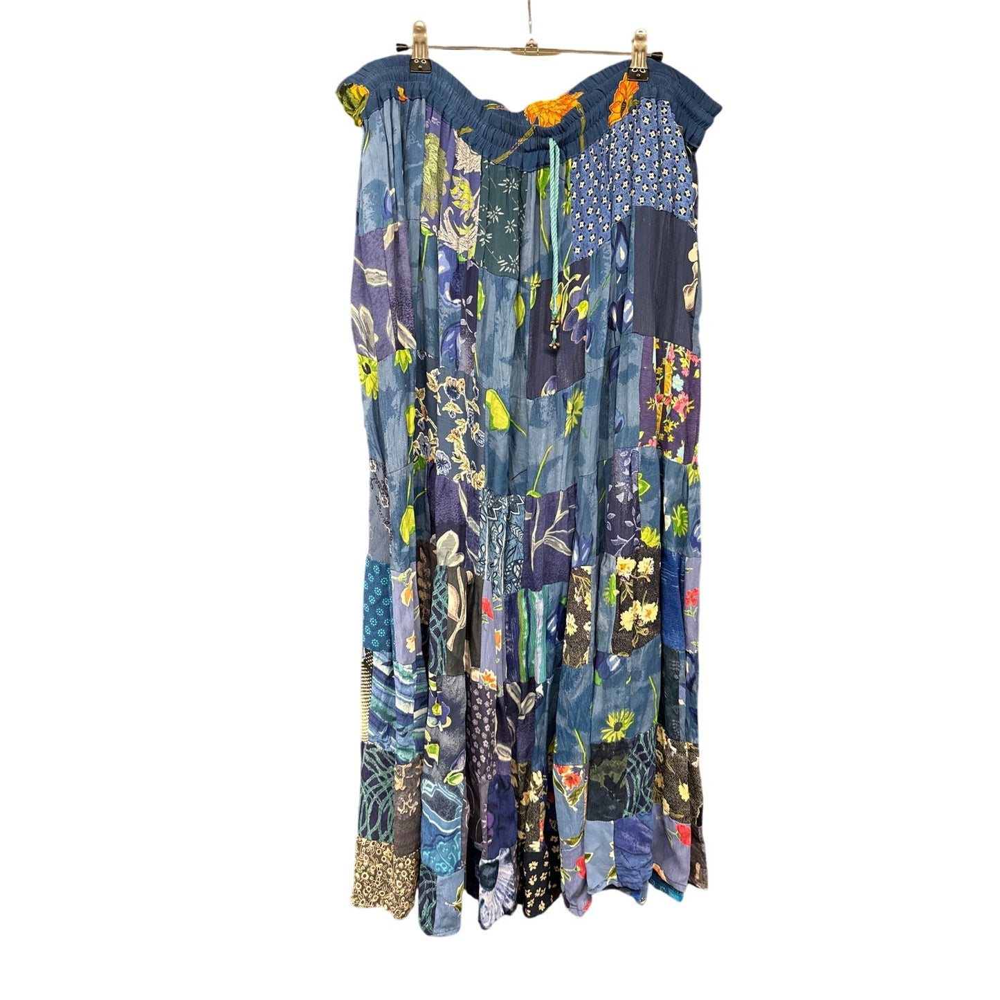 90s Blue Patchwork Floral Garden Tiered Pleated Maxi Skirt One Size Hippie Fairy