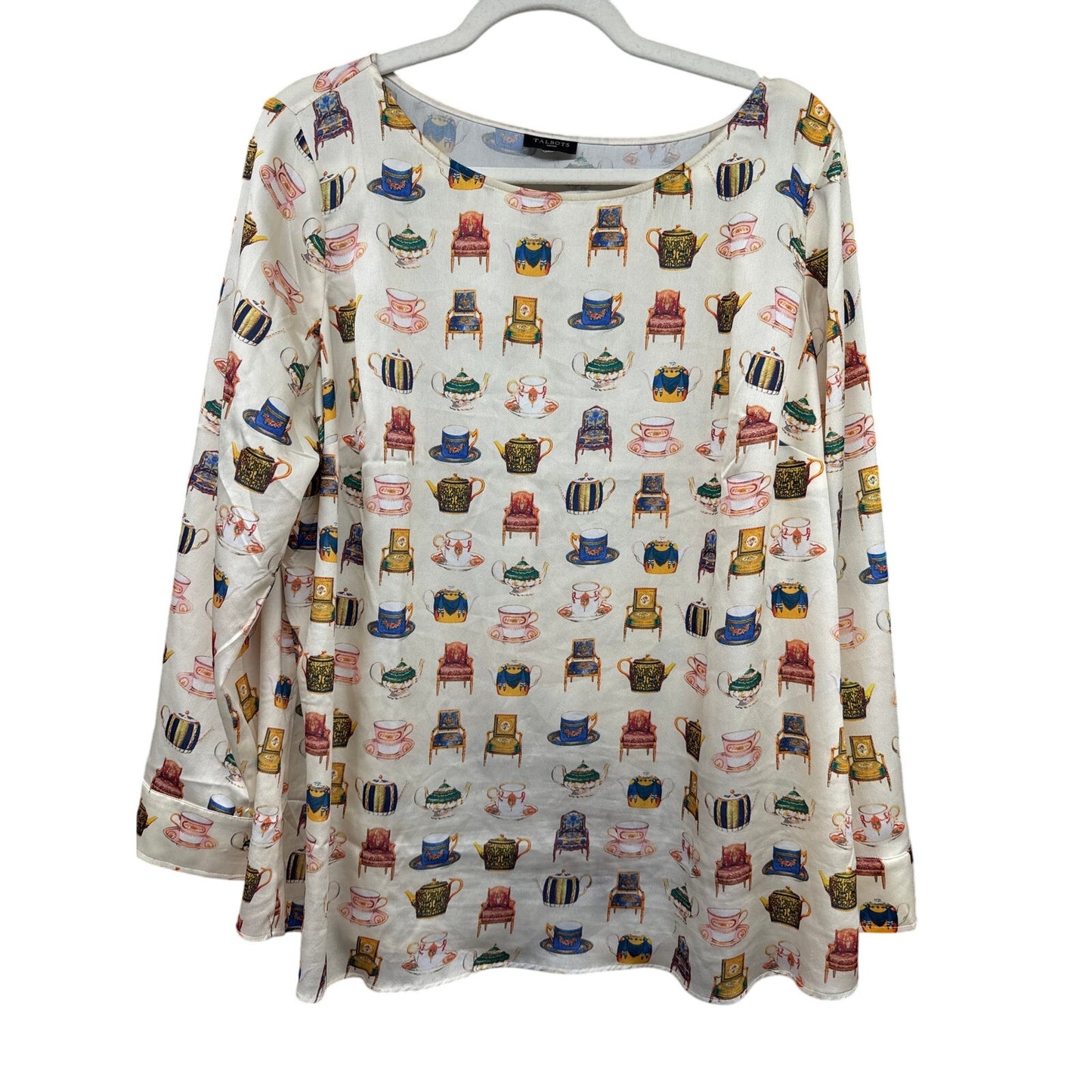 Talbots White Chairs Teacups Victorian Blouse Royal Large Novelty Print Whimsy