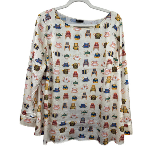 Talbots White Chairs Teacups Victorian Blouse Royal Large Novelty Print Whimsy