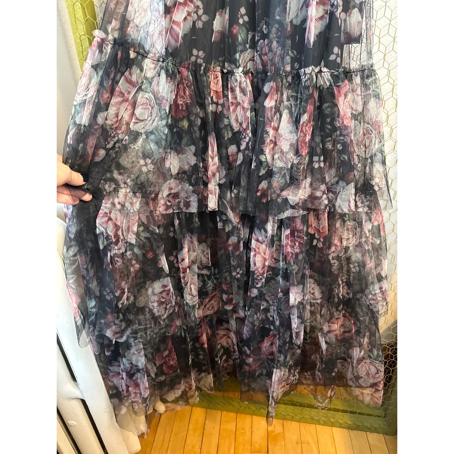 Lulus Wonderfully Perfect Black Floral Mesh Tiered Maxi Dress, Adjustable Straps, Goth, Whimsy