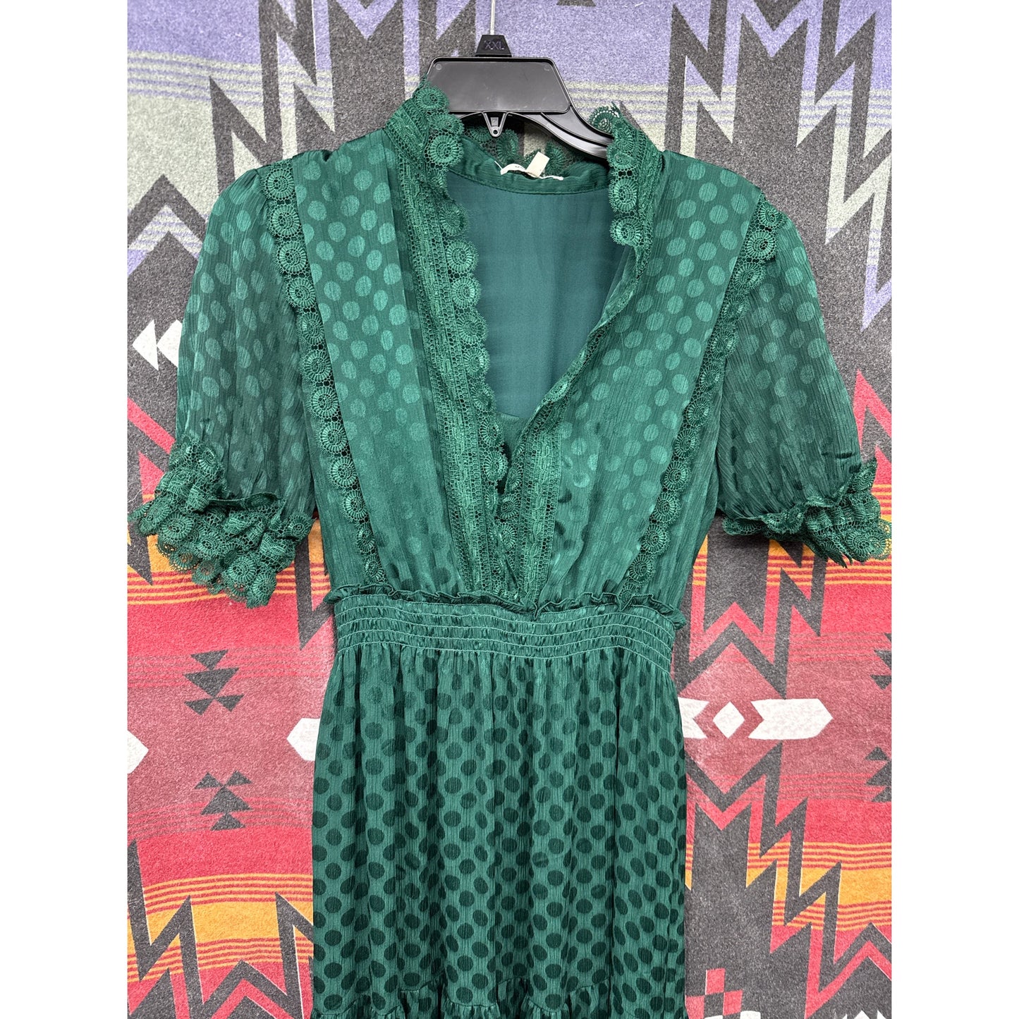 Max Studio Lace Maxi Dress Small Emerald Kelly Green Polka Dot Ruffle Coquette