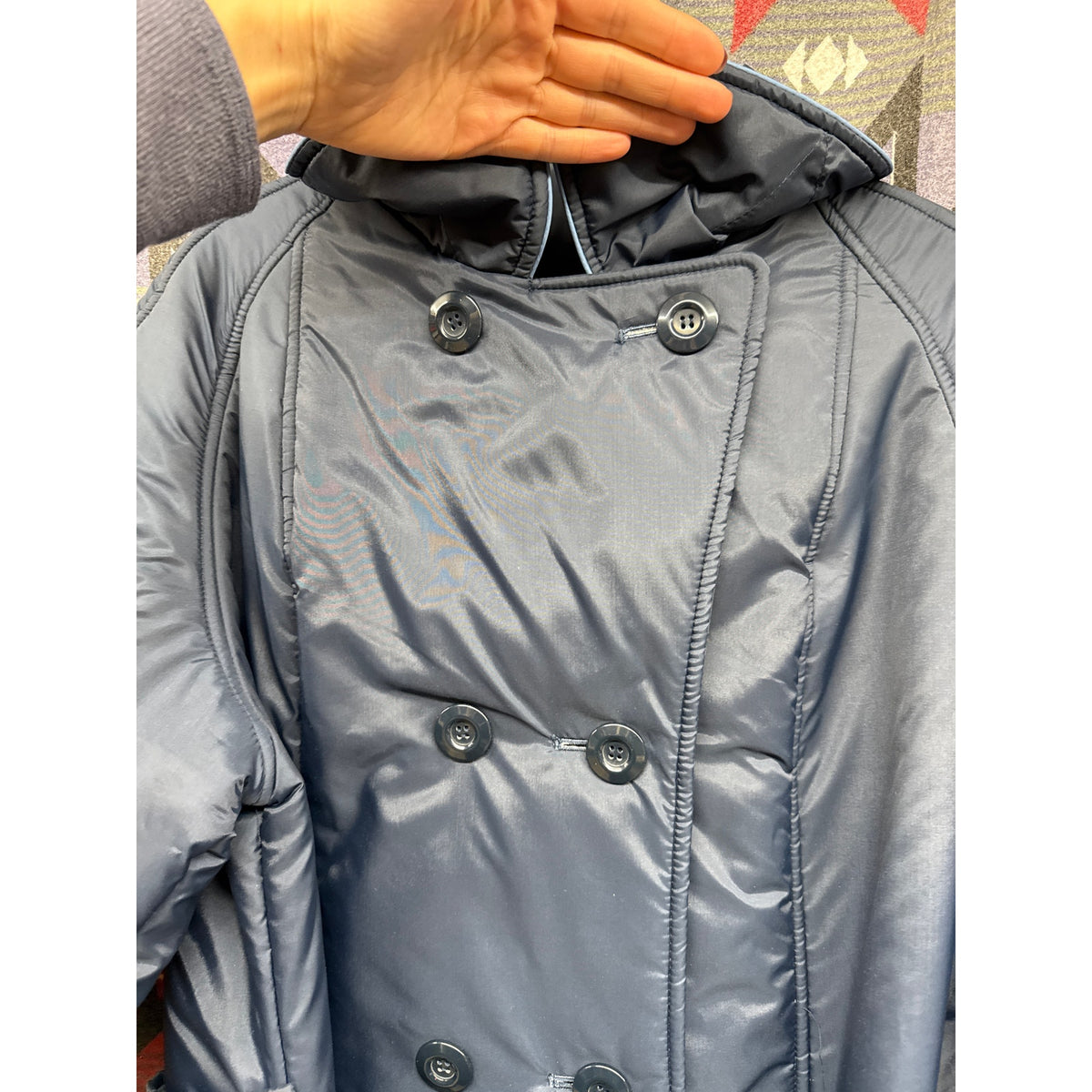 70s Vintage Aurora International Navy Quilted Large Coat Cottage England Belted