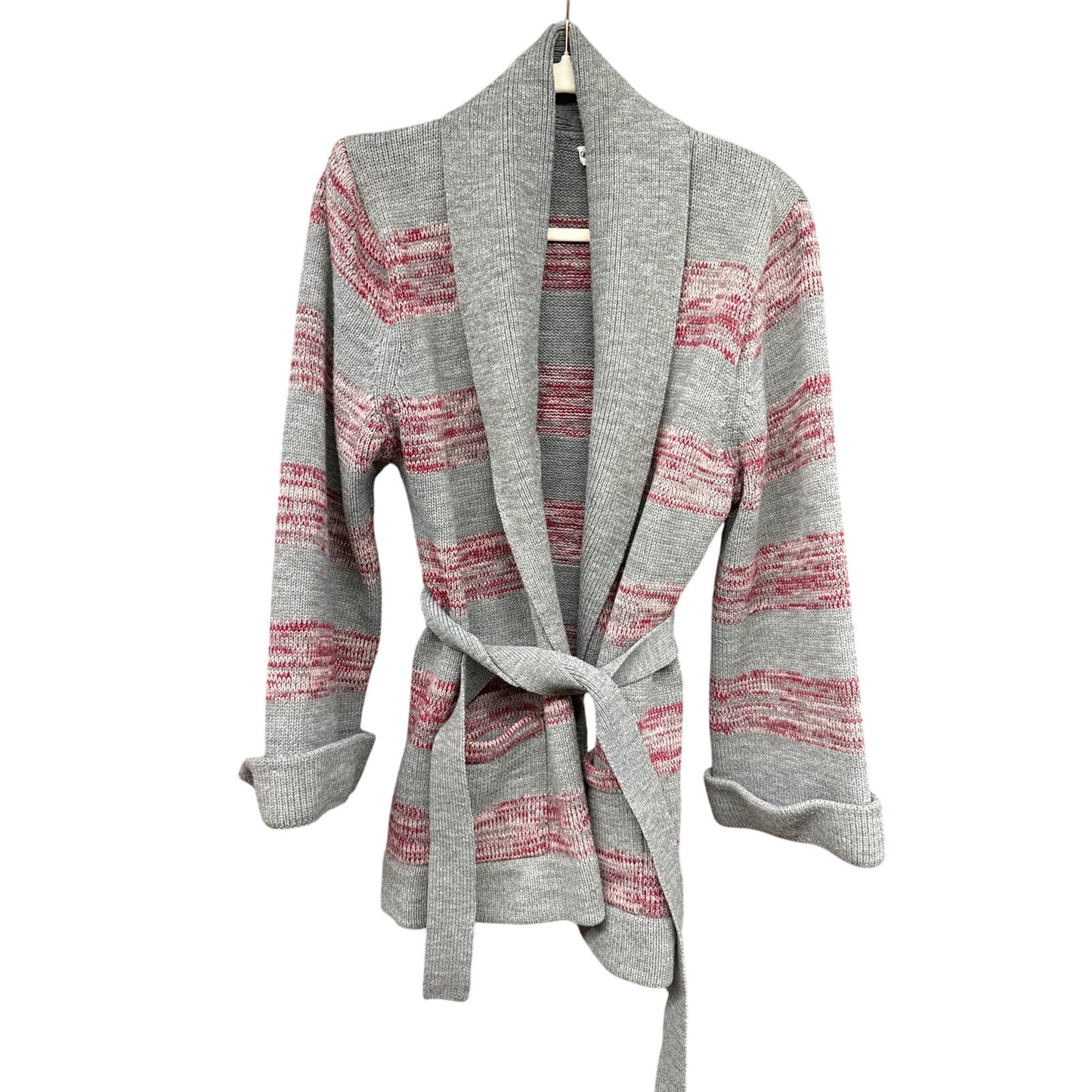 70s Women's Striped Cardigan Sweater Medium Space Dye Red Gray Belted Bel Sleeve