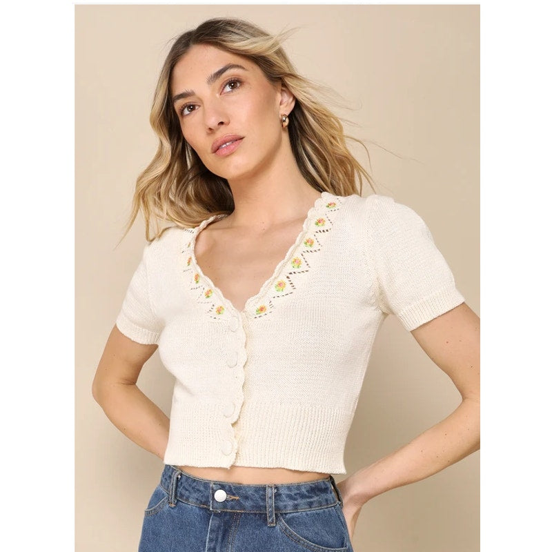 Lulus Sweet Ideal Ivory Embroidered Short Sleeve Button-Up Cardigan Small Floral