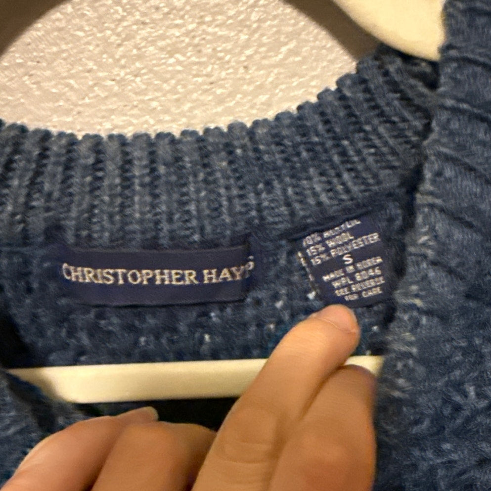 Christopher Hayes Small Blue Knit Crewneck Sweater Fisherman Nautical Boat Wool
