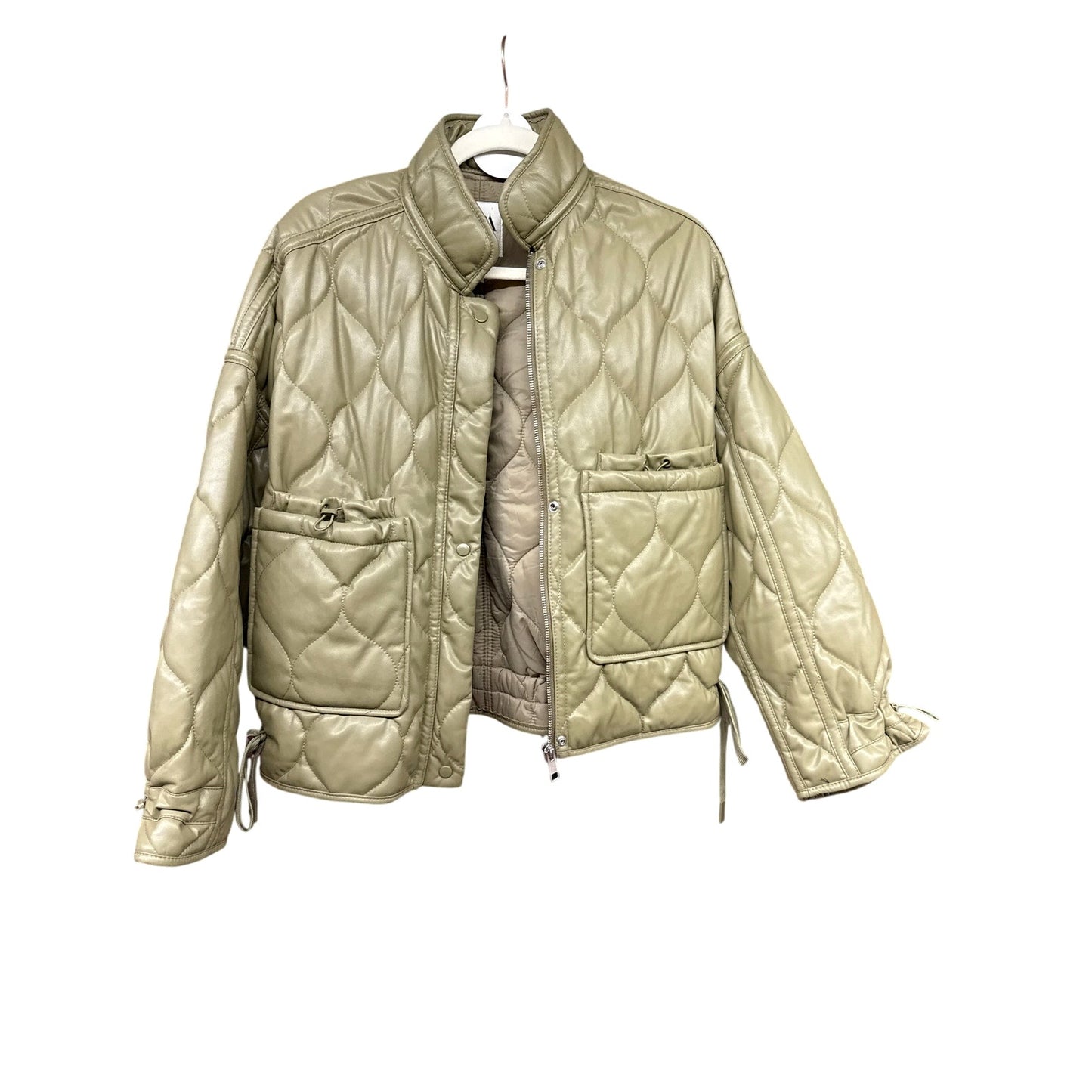 Zara Oversized Green Army Faux Leather Quilted Bomber Jacket Small