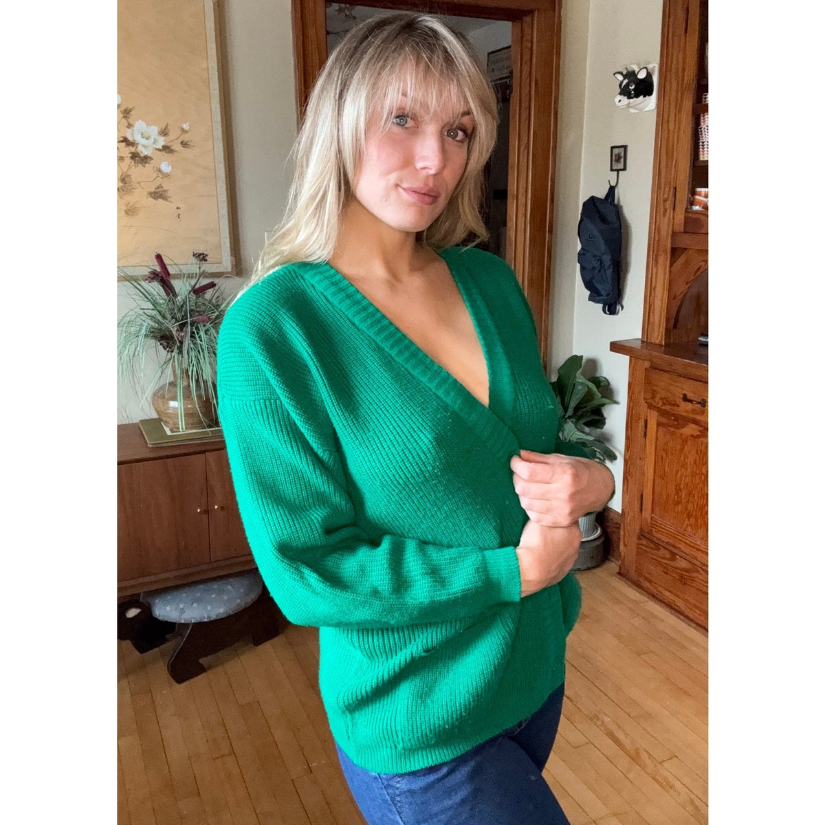 Vintage Unisex SteppingStones Knit Sweater XL 70s Wool Kelly Green Academia