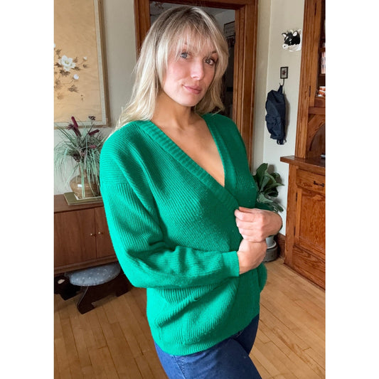 Vintage Unisex SteppingStones Knit Sweater XL 70s Wool Kelly Green Academia