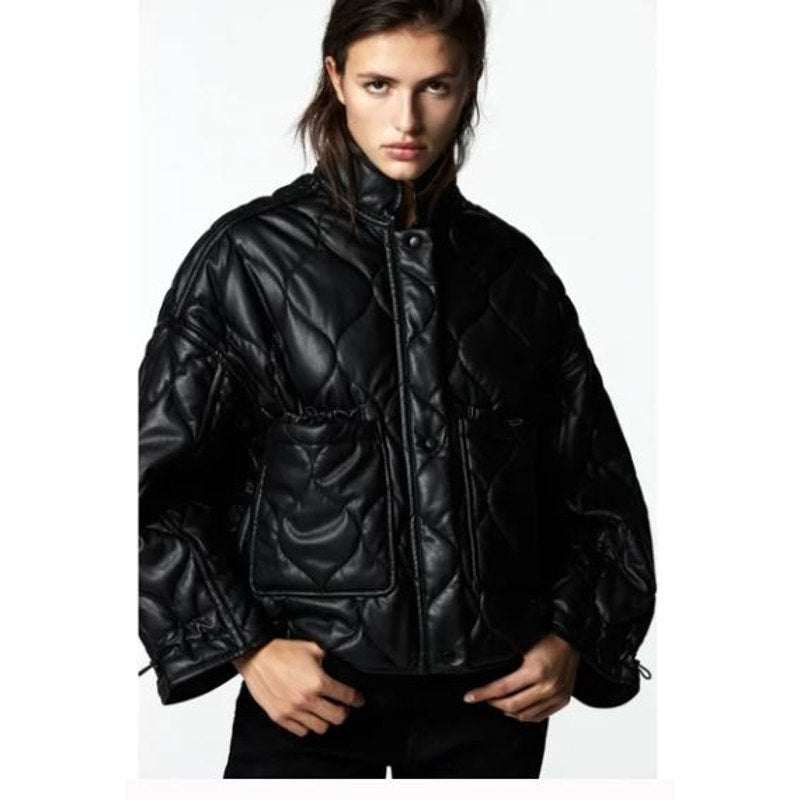 Zara Oversized Green Army Faux Leather Quilted Bomber Jacket Small