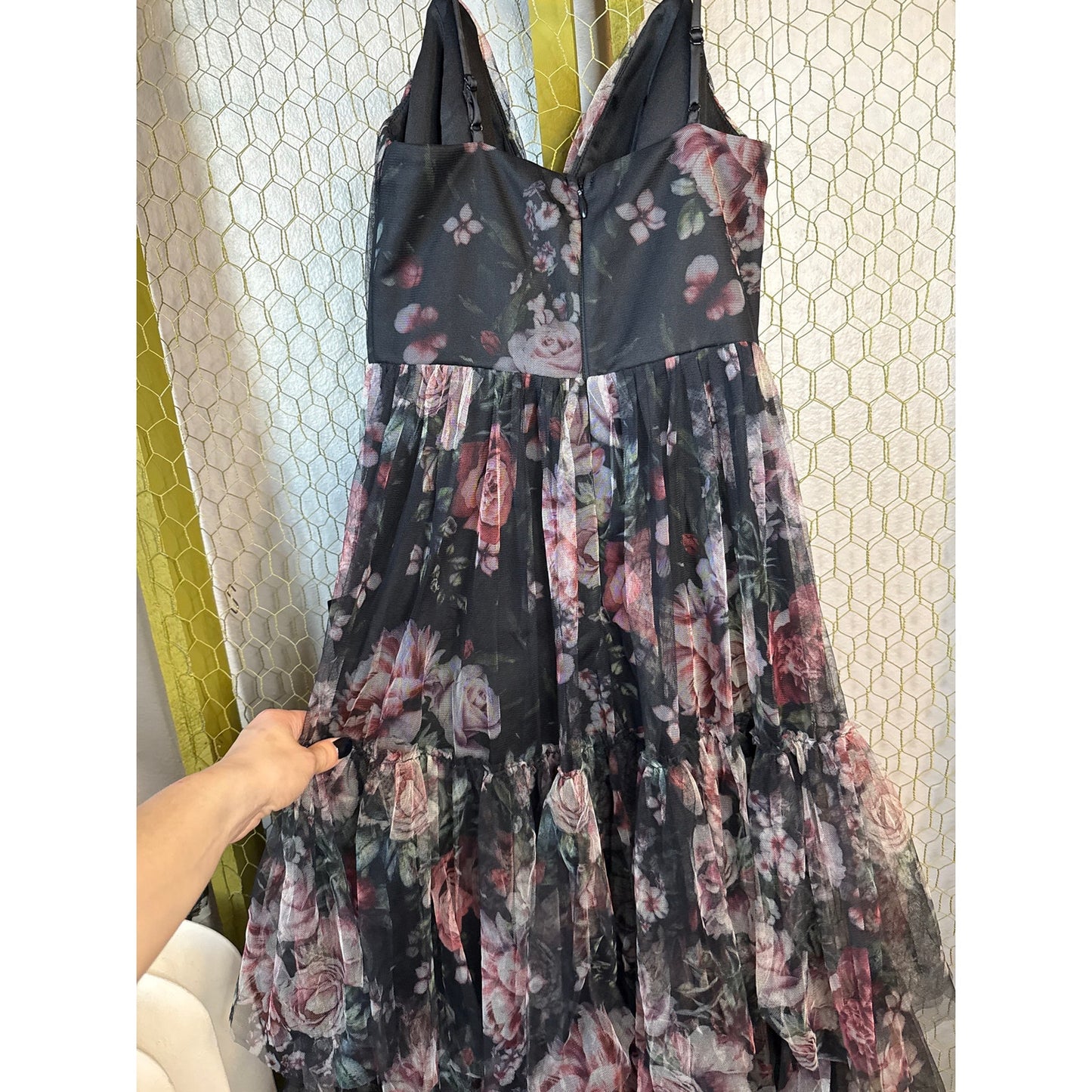 Lulus Wonderfully Perfect Black Floral Mesh Tiered Maxi Dress, Adjustable Straps, Goth, Whimsy