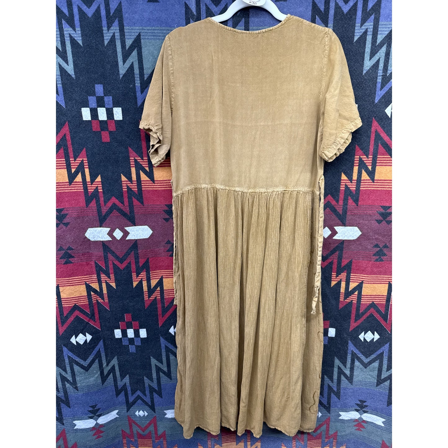 Vintage 90s Tip Top Women Medium Dress Mustard Yellow Floral Embroidered Cottage