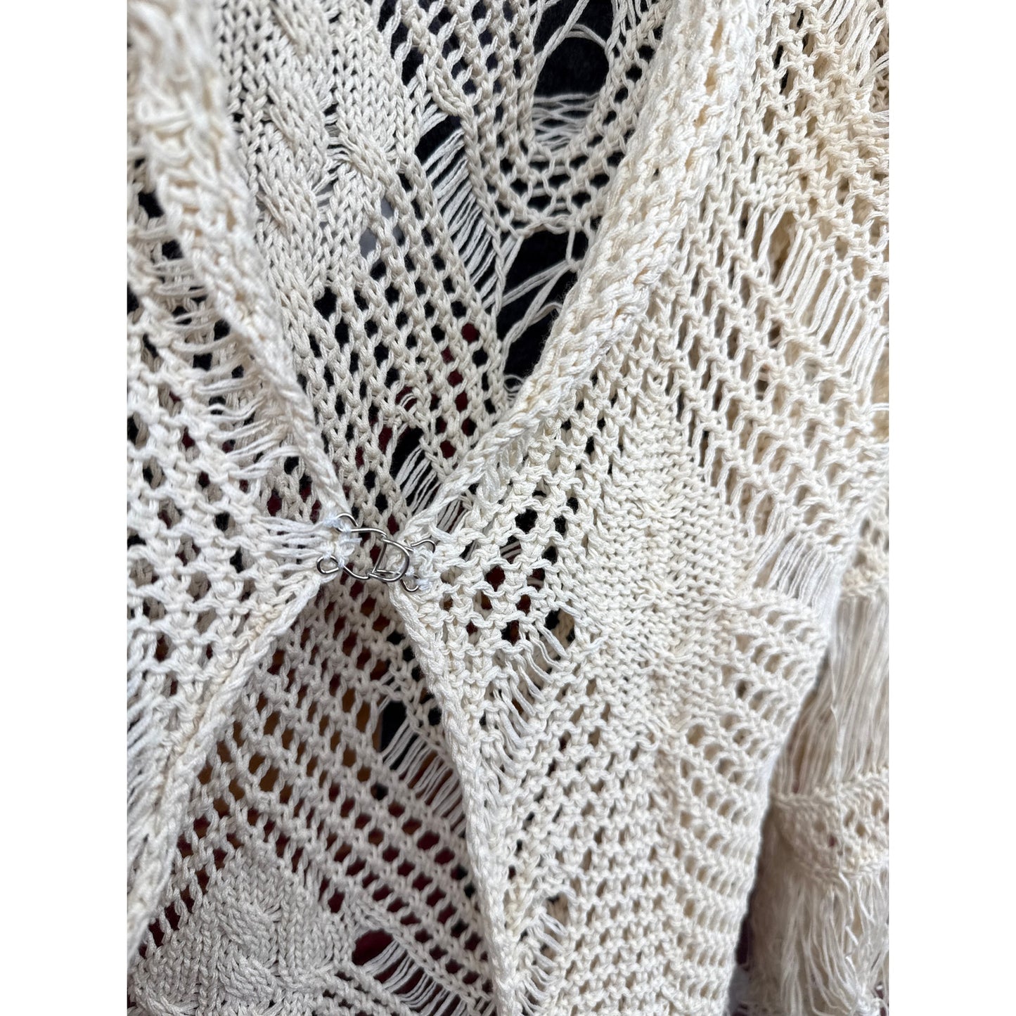 Boho Cream Fringe Distressed Sheer Cardigan Small