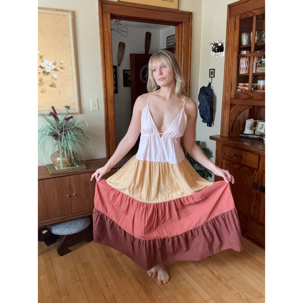 By Anthropologie Raya Maxi Tiered Dress Large Cotton Colorblock
