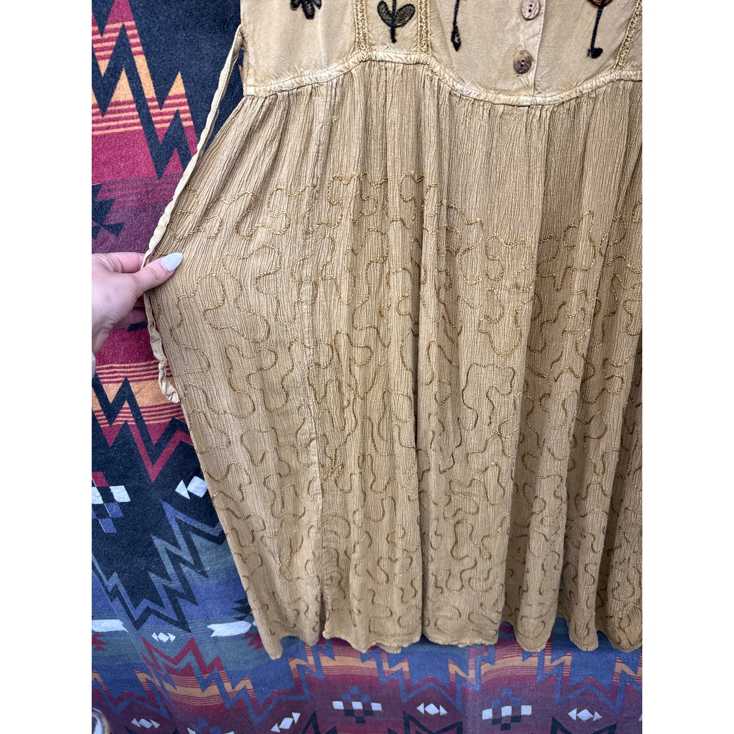 Vintage 90s Tip Top Women Medium Dress Mustard Yellow Floral Embroidered Cottage