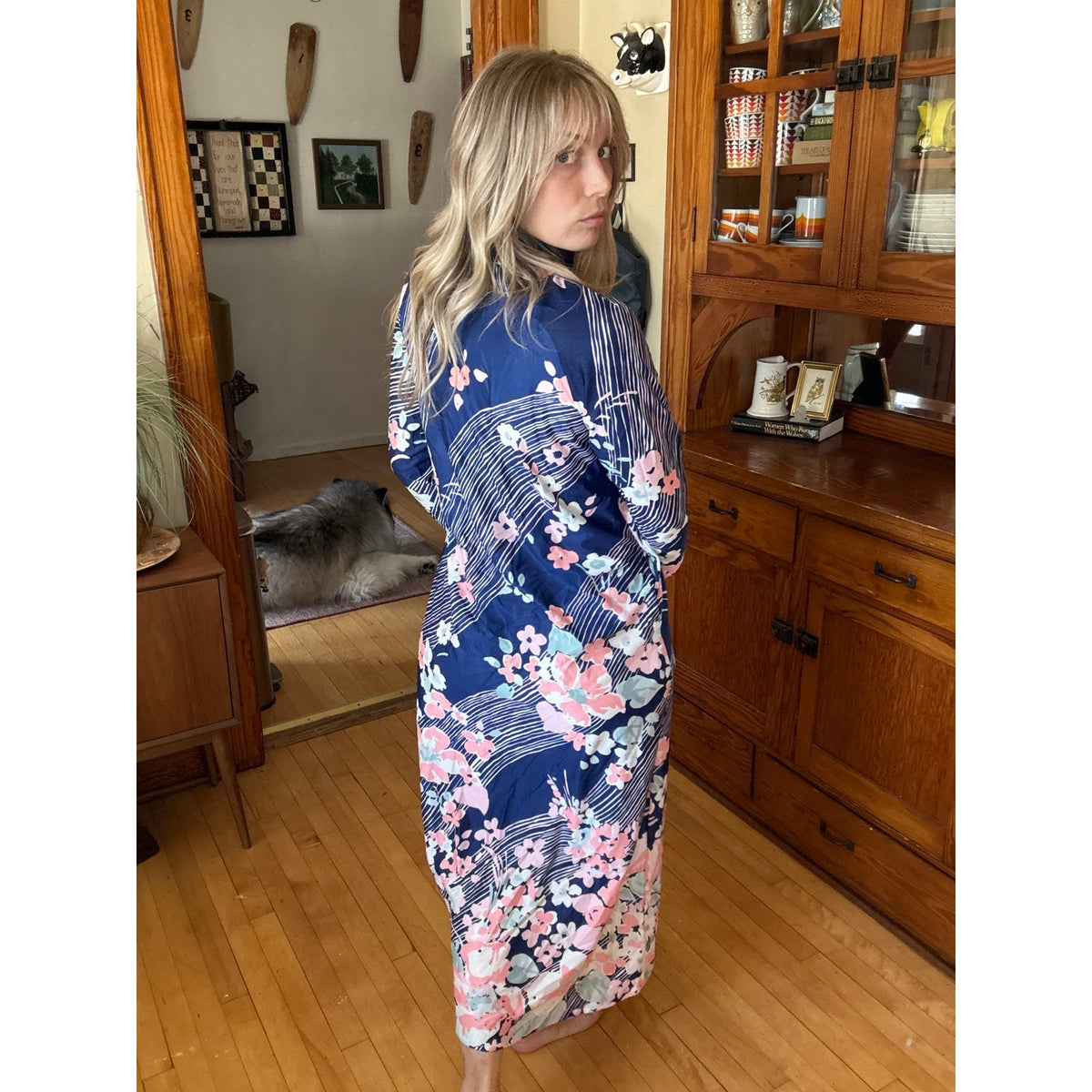 Vintage 60s 70s House Coat Robe Blue Floral Large Retro Boho Cher Dolly Parton