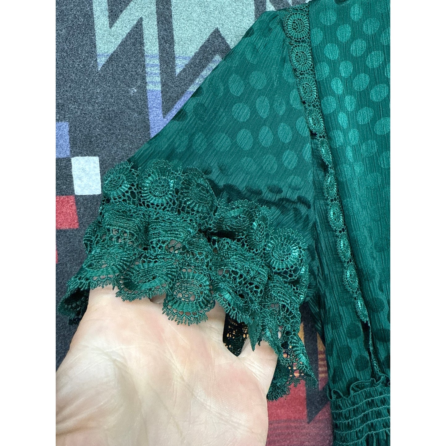 Max Studio Lace Maxi Dress Small Emerald Kelly Green Polka Dot Ruffle Coquette