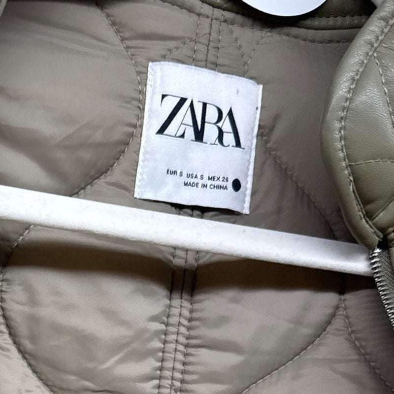 Zara Oversized Green Army Faux Leather Quilted Bomber Jacket Small