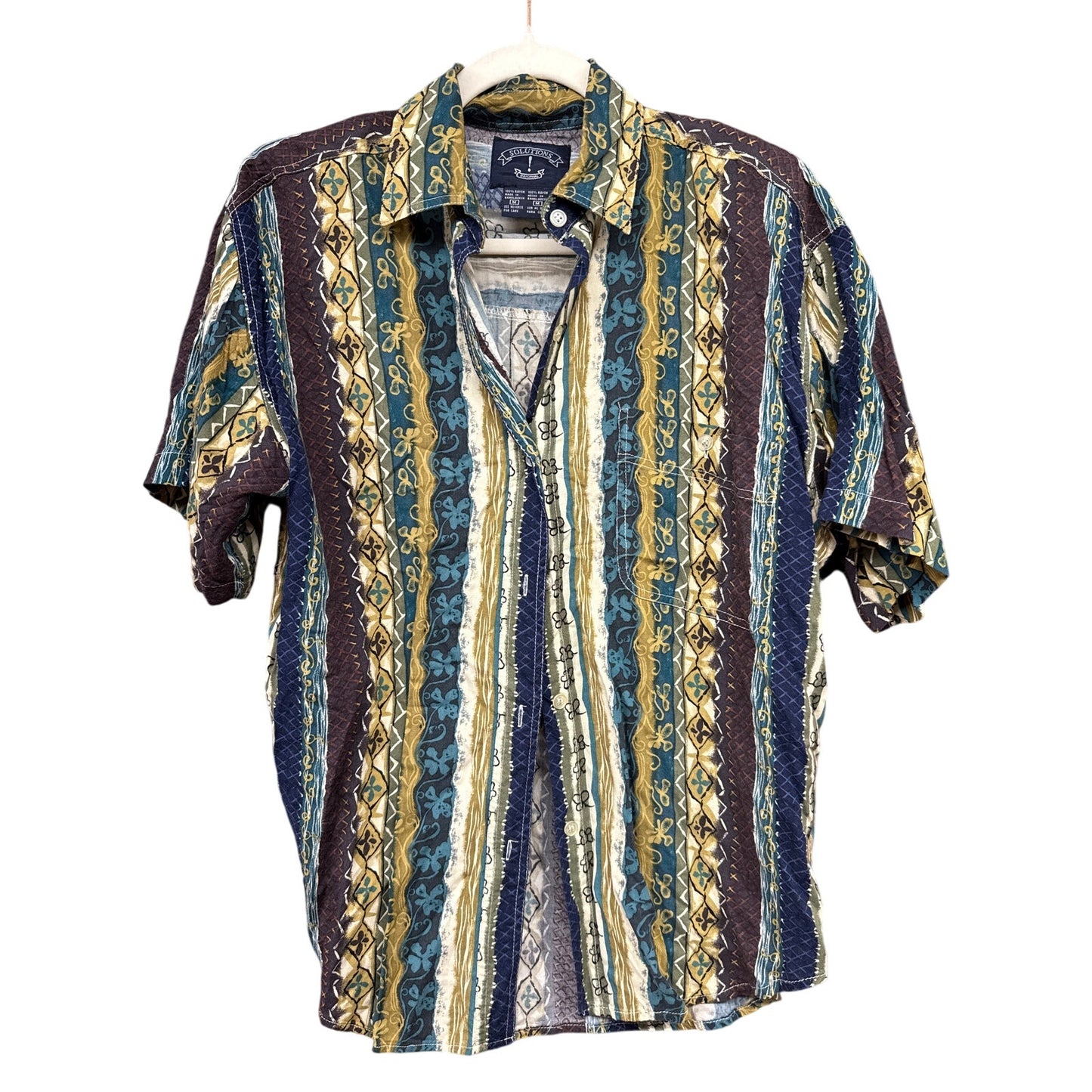 Solutions Men's Vintage Button Down Shirt Striped Medium Floral Funky 70s Vibes