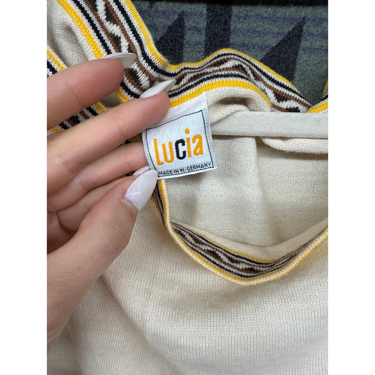 Vintage 70s German Lucia Women Wool Blouse Cream Yellow Tribal Retro Daisy Jones