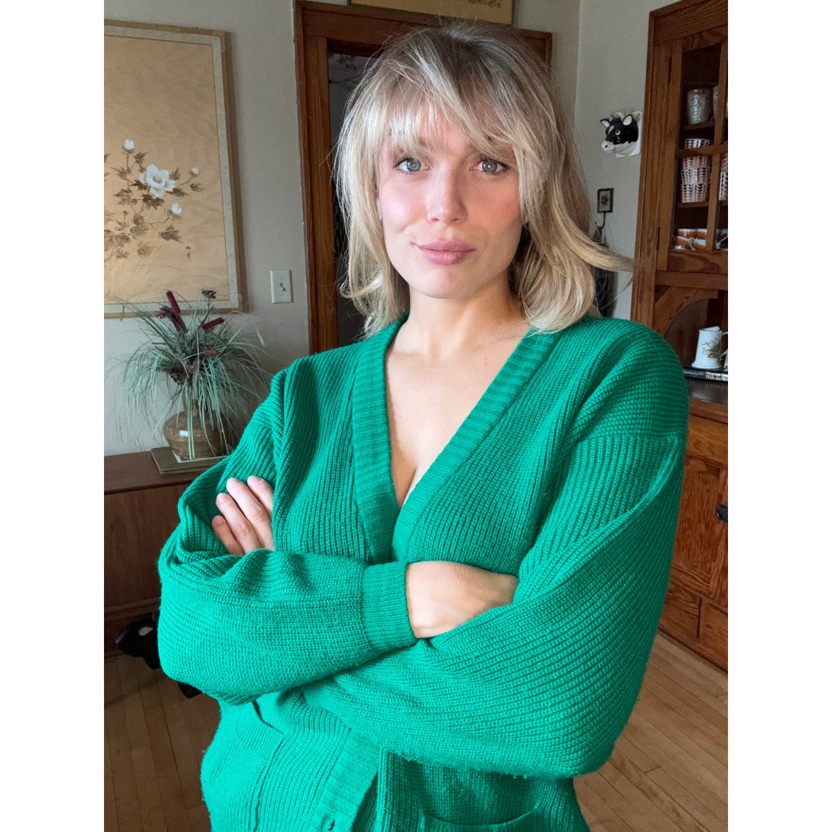 Vintage Unisex SteppingStones Knit Sweater XL 70s Wool Kelly Green Academia