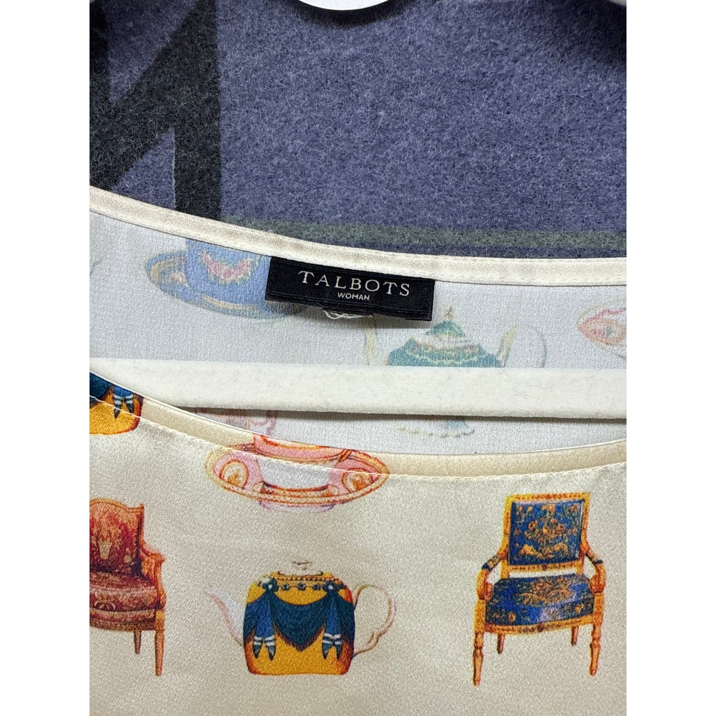 Talbots White Chairs Teacups Victorian Blouse Royal Large Novelty Print Whimsy