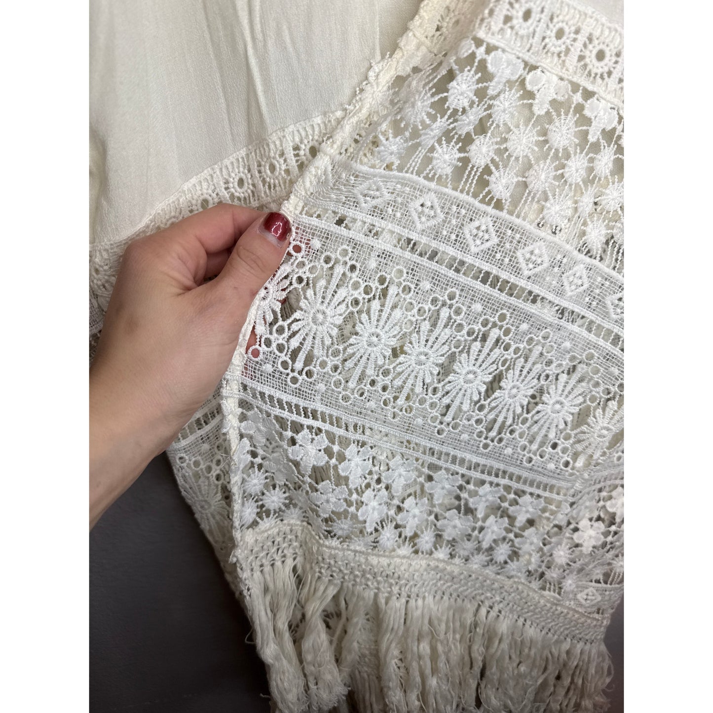 Crotchet Cream Fringe Sheer Robe XL Duster Kimono Boho Earthy Hippie Festival