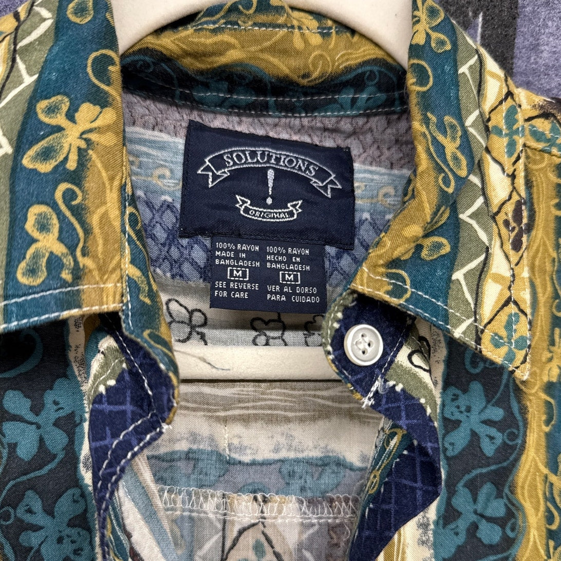 Solutions Men's Vintage Button Down Shirt Striped Medium Floral Funky 70s Vibes