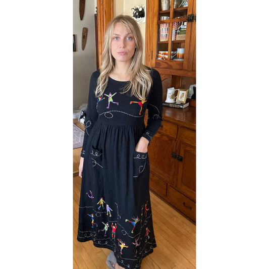 Michael Simon Lite Small Black Maxi Ice Skate Dress Novelty Embroidered Winter